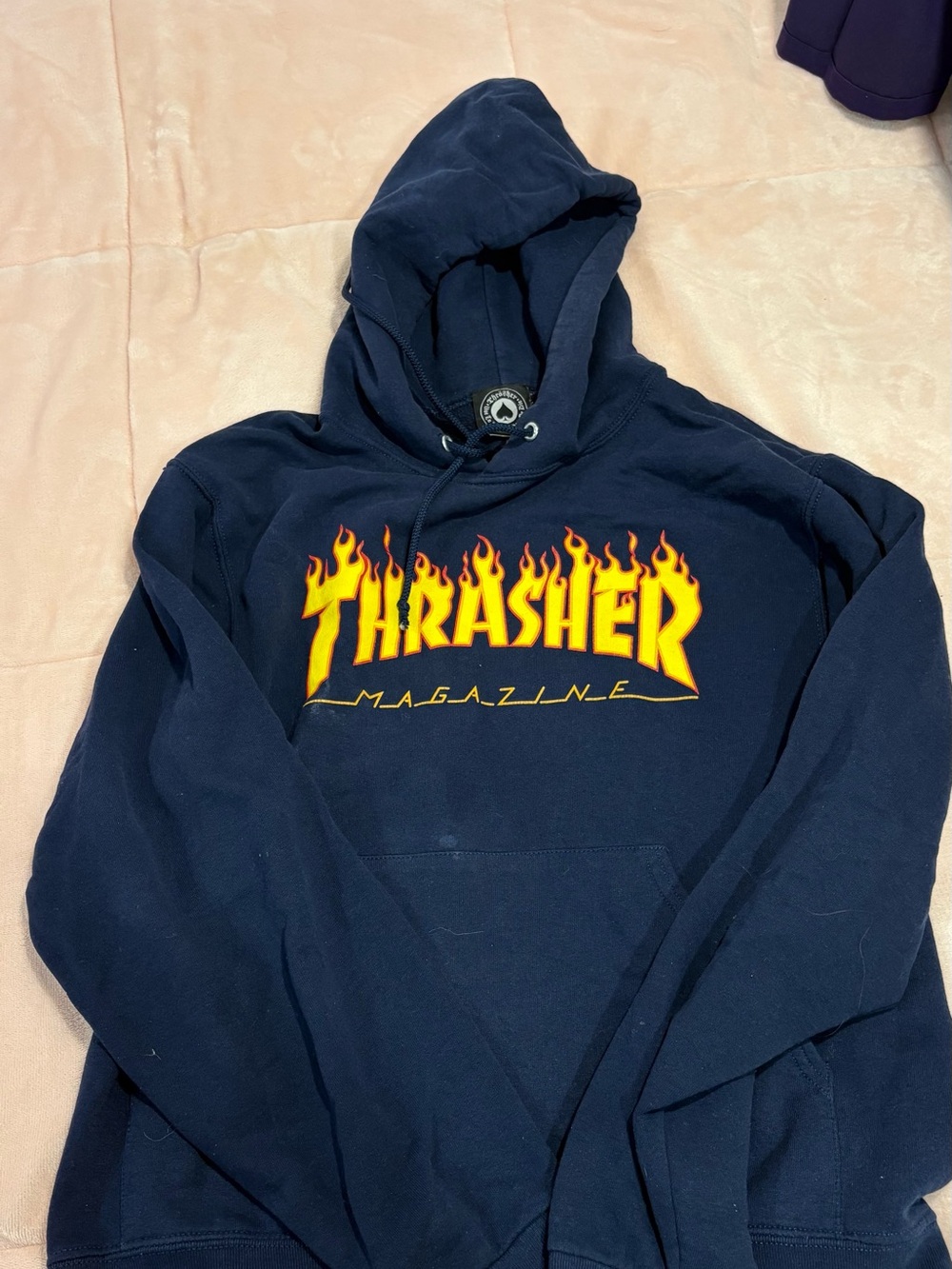 Thrasher Navy Crewneck Sweatshirt with Yellow-Orange Flame Logo